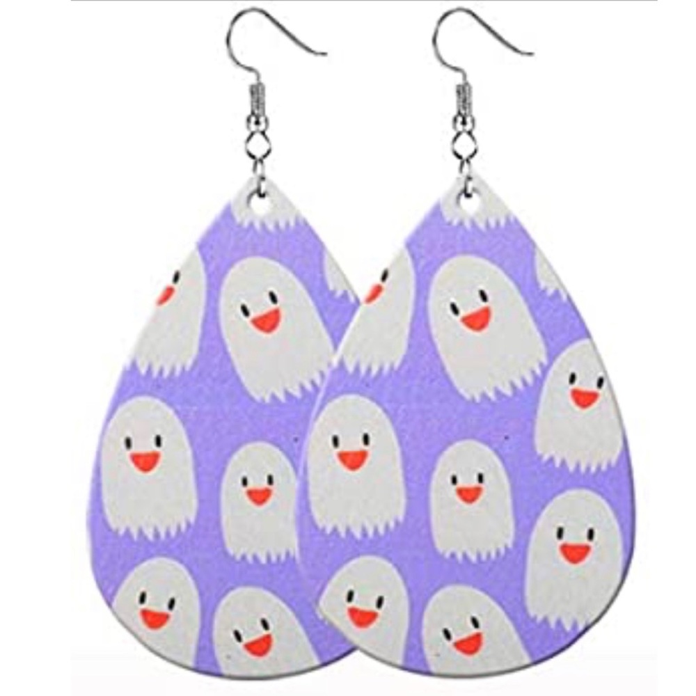 HALLOWEEN WHITE & PURPLE GHOST PURPLE FAUX LEATHER TEAR DROP EARRINGS